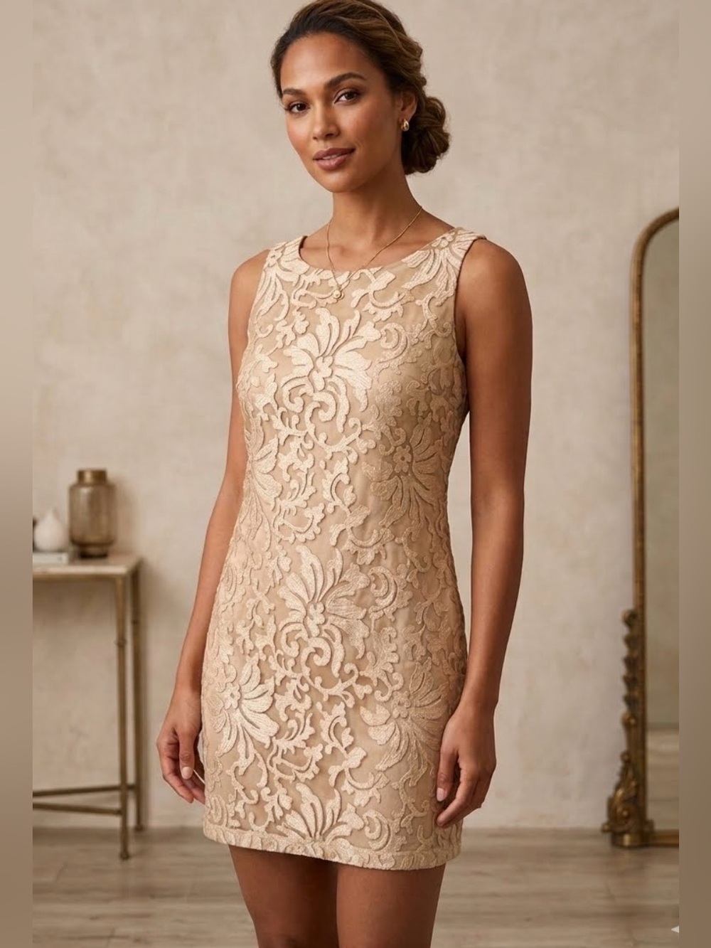 Lucy Paris Sleeveless Lace Shift Dress - Golden Tan/Nude | Size S - Picture 1 of 12